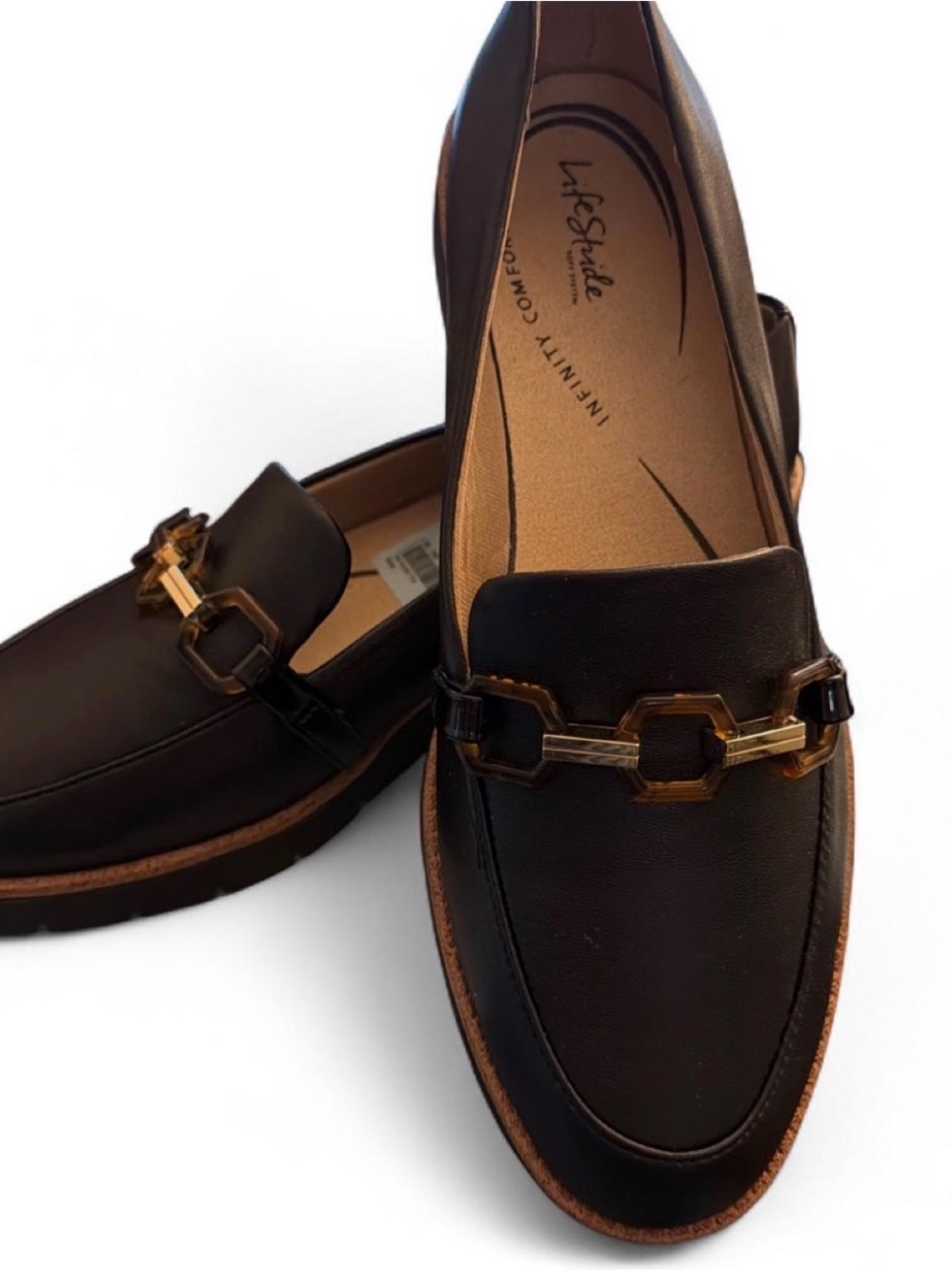 LifeStride size 9.5 black wedge loafers, tortoiseshell accent, new in the box.